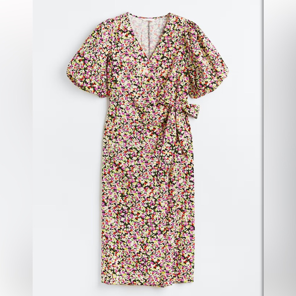 H&M Floral Seersucker Wrap Midi Dress XXL NWT Puff Sleeve Plus Size